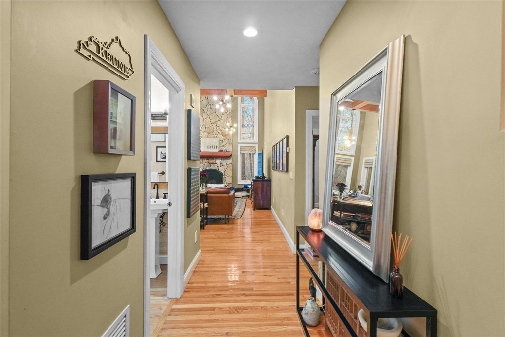 Fireplace, Interior, Pendant Lights, Recessed Lighting, Wood Texture Flooring