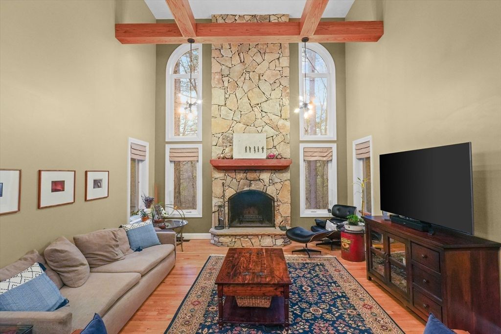 Fireplace, Interior, Living room, Stone Walls, Wooden Beams, Wood Texture Flooring