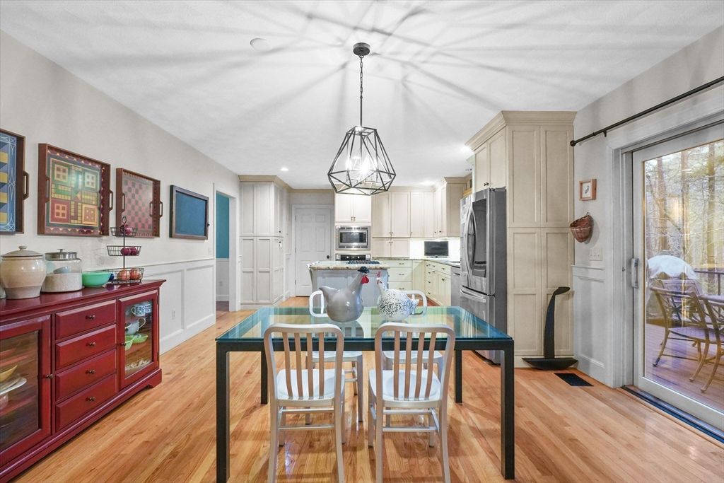Dining room, Interior, Kitchen, Pendant Lights, Recessed Lighting, Stainless Steel Appliances, Wood Texture Flooring