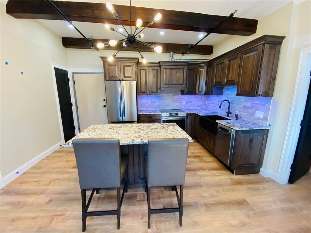 Interior, Kitchen, Pendant Lights, Recessed Lighting, Stainless Steel Appliances, Wooden Beams, Wood Texture Flooring