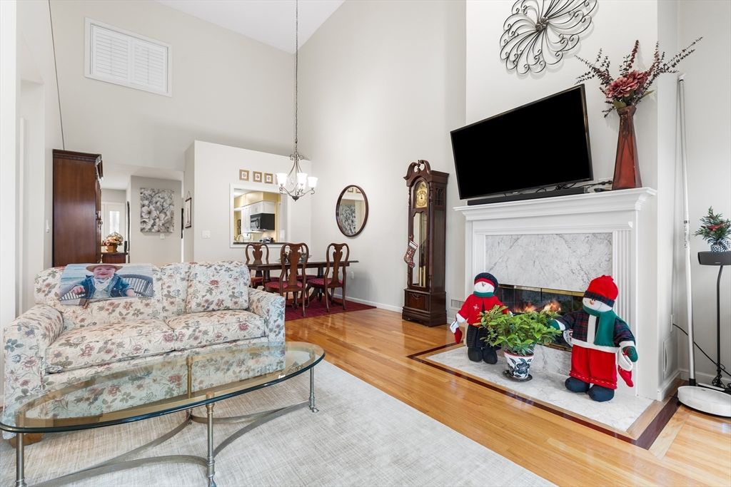 Dining room, Fireplace, Interior, Living room, Pendant Lights, Wood Texture Flooring