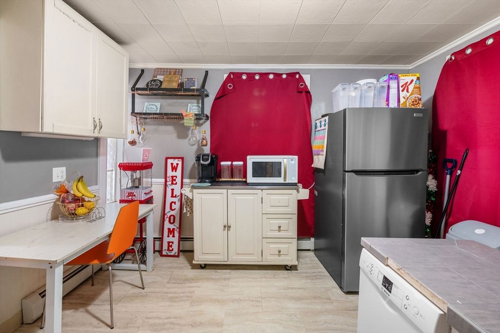 Interior, Kitchen, Tile Countertops, Wood Texture Flooring