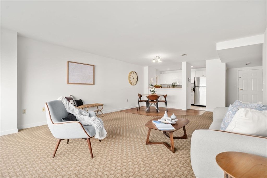 Dining room, Interior, Kitchen, Living room, Recessed Lighting, Stainless Steel Appliances, Wood Texture Flooring