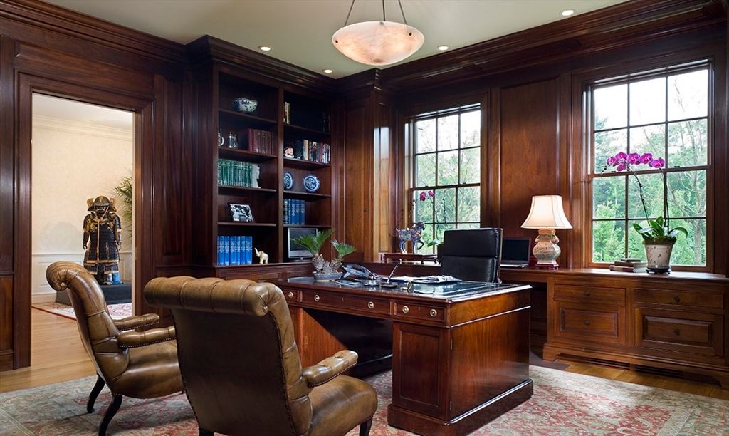Home Office, Interior, Pendant Lights, Recessed Lighting, Wood Texture Flooring, Wooden Walls