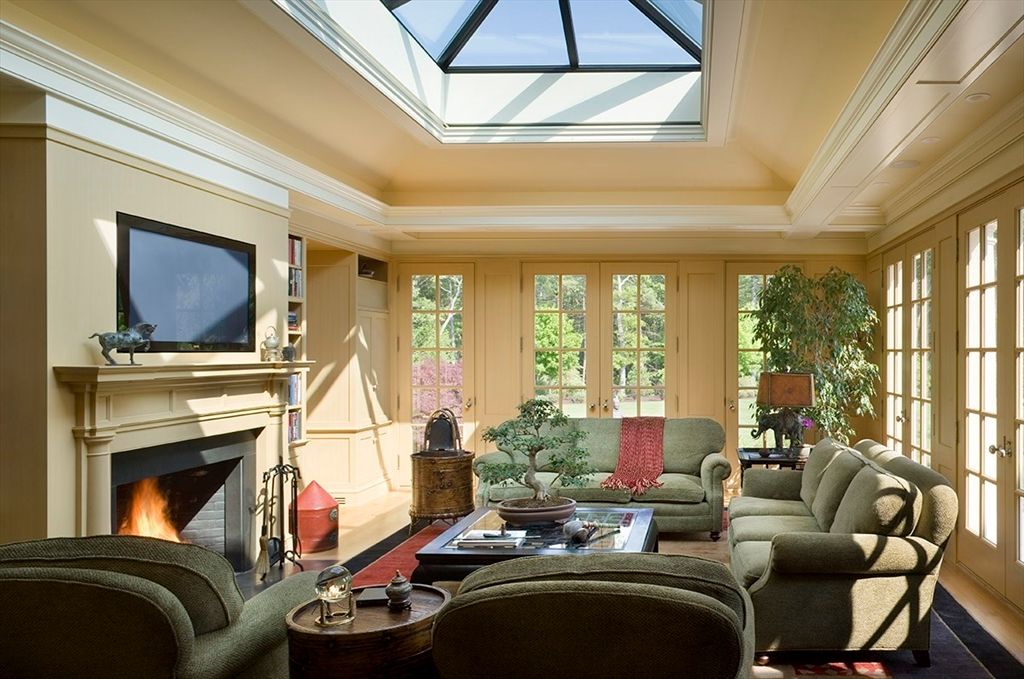 Fireplace, Glass Ceilings, Interior, Living room, Sun Room