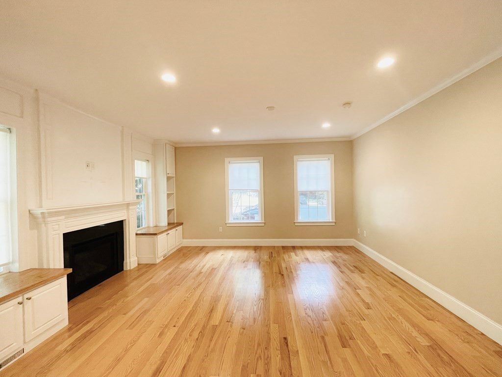 Empty room, Fireplace, Interior, Recessed Lighting, Wood Texture Flooring