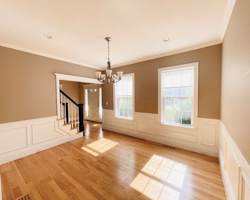 Chandelier, Empty room, Interior, Recessed Lighting, Wood Texture Flooring