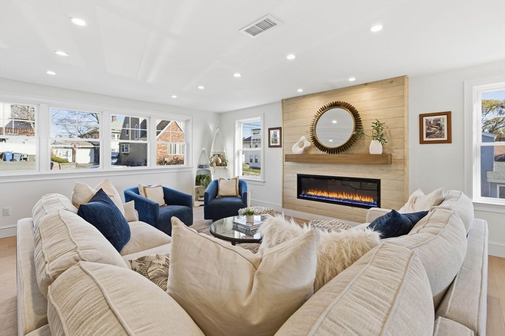 Fireplace, Interior, Living room, Recessed Lighting, Wood Texture Flooring, Wooden Walls