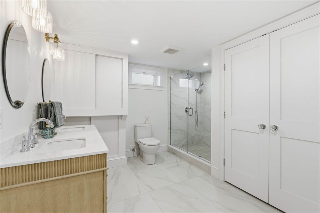 Bathroom, Glass Shower, Interior, Marble, Marble Walls, Recessed Lighting