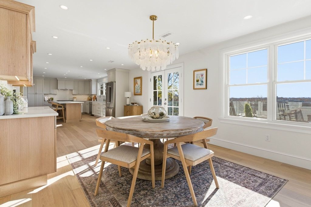 Chandelier, Dining room, Interior, Kitchen, Recessed Lighting, Stainless Steel Appliances, Wood Texture Flooring
