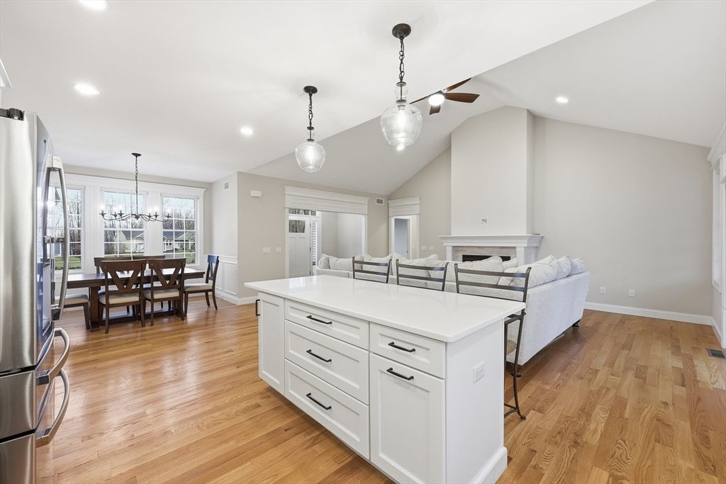 Dining room, Fireplace, Interior, Kitchen, Living room, Pendant Lights, Recessed Lighting, Wood Texture Flooring