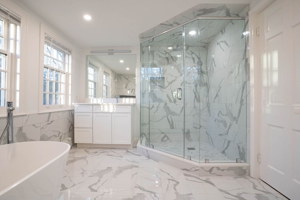 Bathroom, Free Standing Baths, Glass Shower, Interior, Marble, Marble Walls, Recessed Lighting