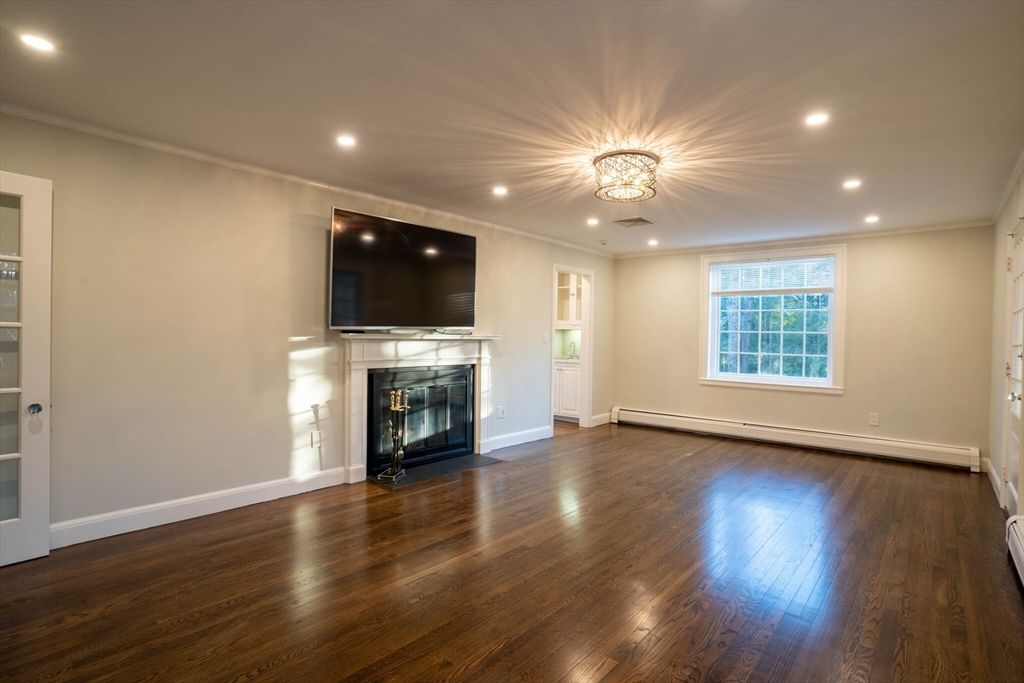 Empty room, Fireplace, Interior, Recessed Lighting, Wood Texture Flooring