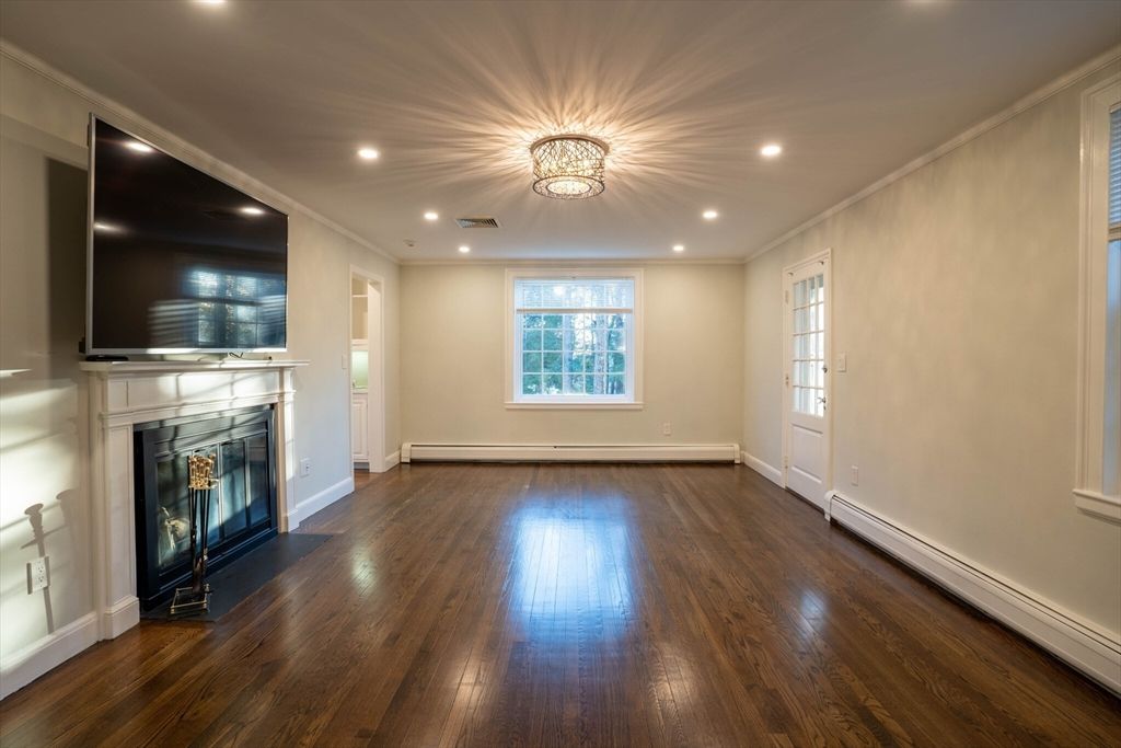 Empty room, Fireplace, Interior, Recessed Lighting, Wood Texture Flooring