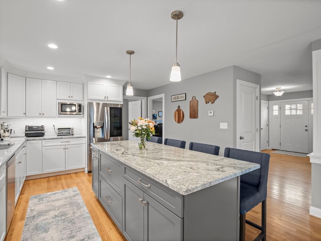 Interior, Kitchen, Pendant Lights, Recessed Lighting, Stainless Steel Appliances, Wood Texture Flooring