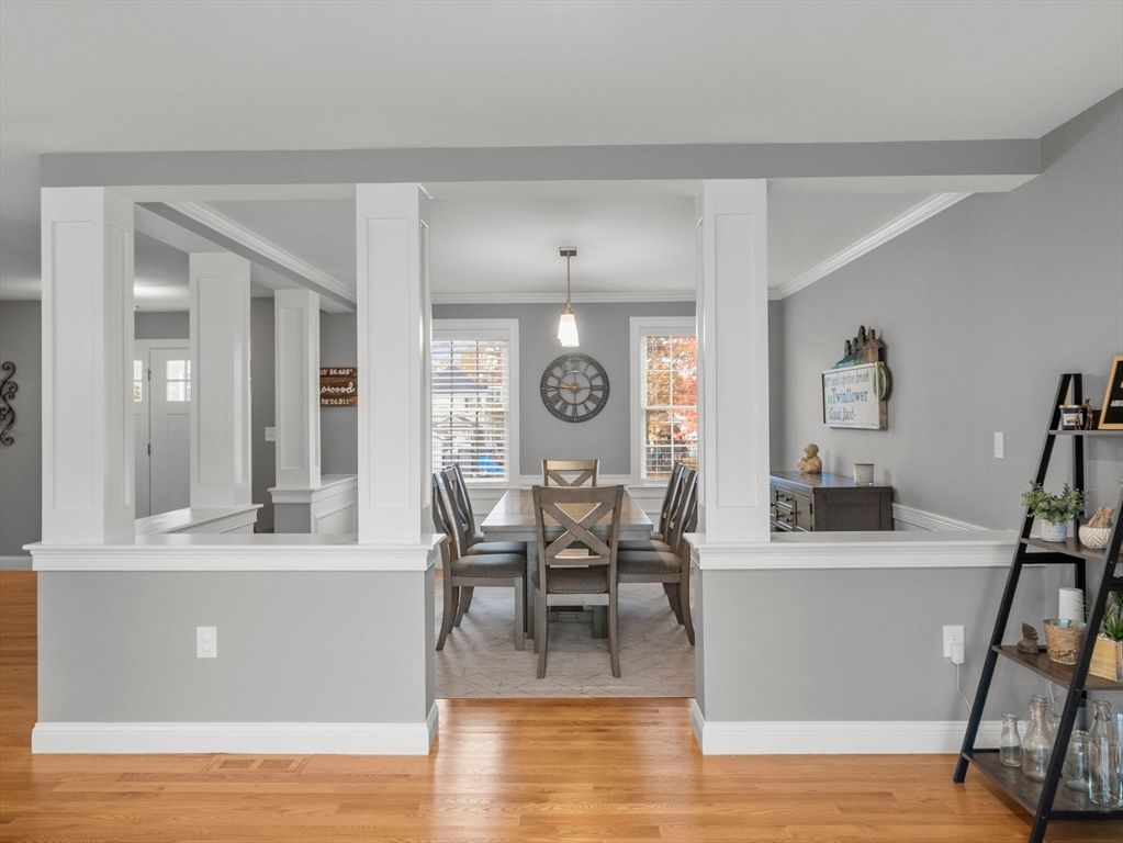 Dining room, Interior, Pendant Lights, Wood Texture Flooring