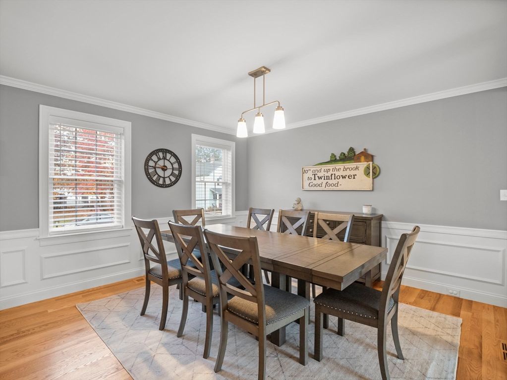 Dining room, Interior, Pendant Lights, Wood Texture Flooring