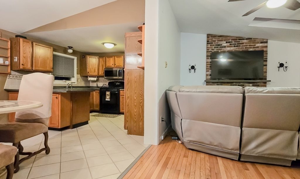 Interior, Kitchen, Living room, Stone Walls, Wood Texture Flooring