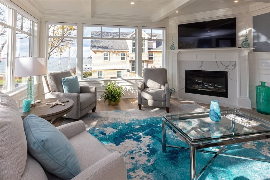 Fireplace, Interior, Living room, Recessed Lighting, Sun Room, Wood Texture Flooring