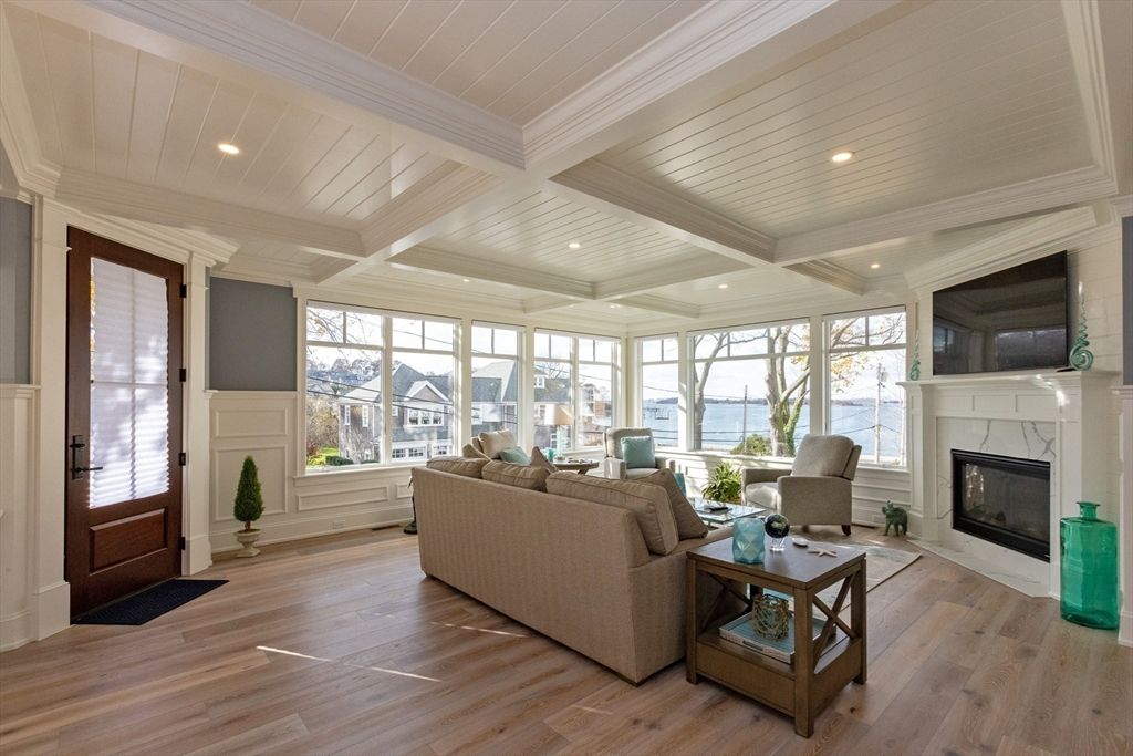 Fireplace, Interior, Living room, Recessed Lighting, Water, Wood Texture Flooring