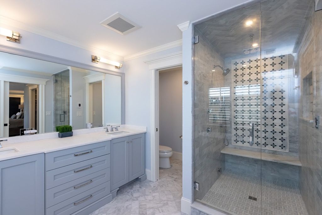Bathroom, Dual Sink Vanities, Glass Shower, Interior, Marble, Recessed Lighting
