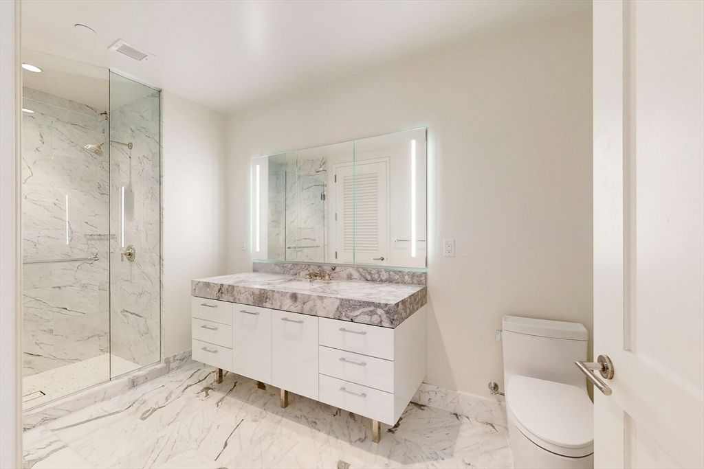 Bathroom, Glass Shower, Interior, Marble, Marble Walls, Recessed Lighting