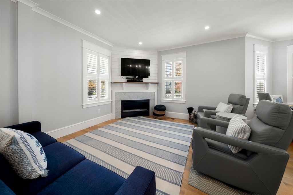 Fireplace, Interior, Living room, Recessed Lighting, Wood Texture Flooring