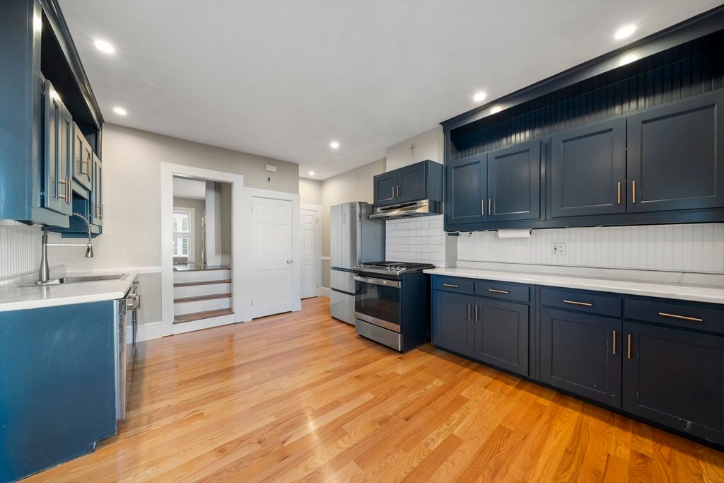 Interior, Kitchen, Recessed Lighting, Stainless Steel Appliances, Wood Texture Flooring