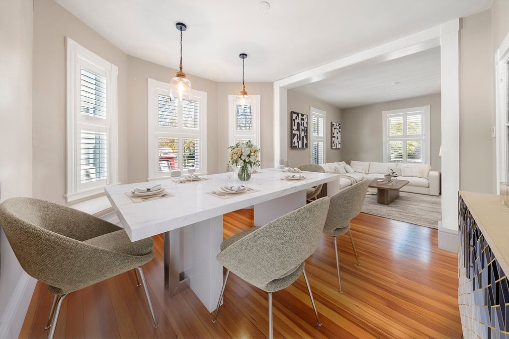 Dining room, Interior, Living room, Pendant Lights, Wood Texture Flooring