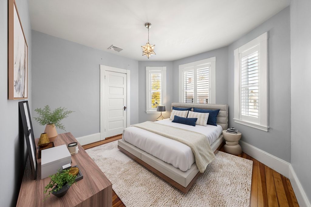 Bedroom, Interior, Pendant Lights, Wood Texture Flooring