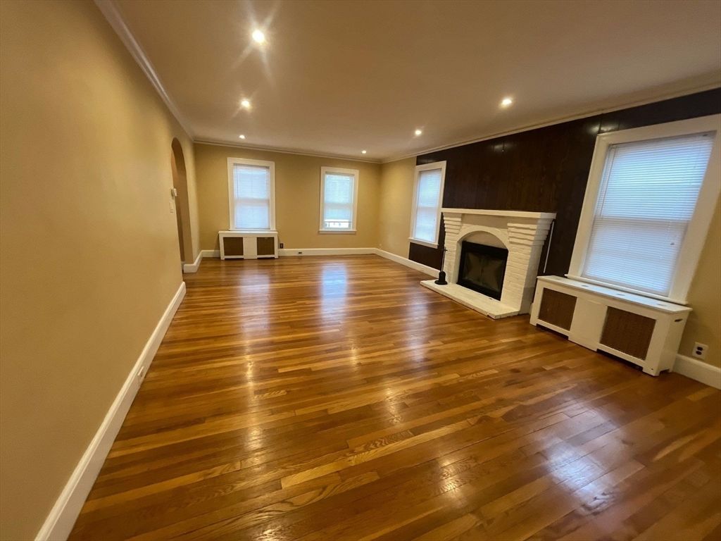 Empty room, Fireplace, Interior, Recessed Lighting, Wood Texture Flooring