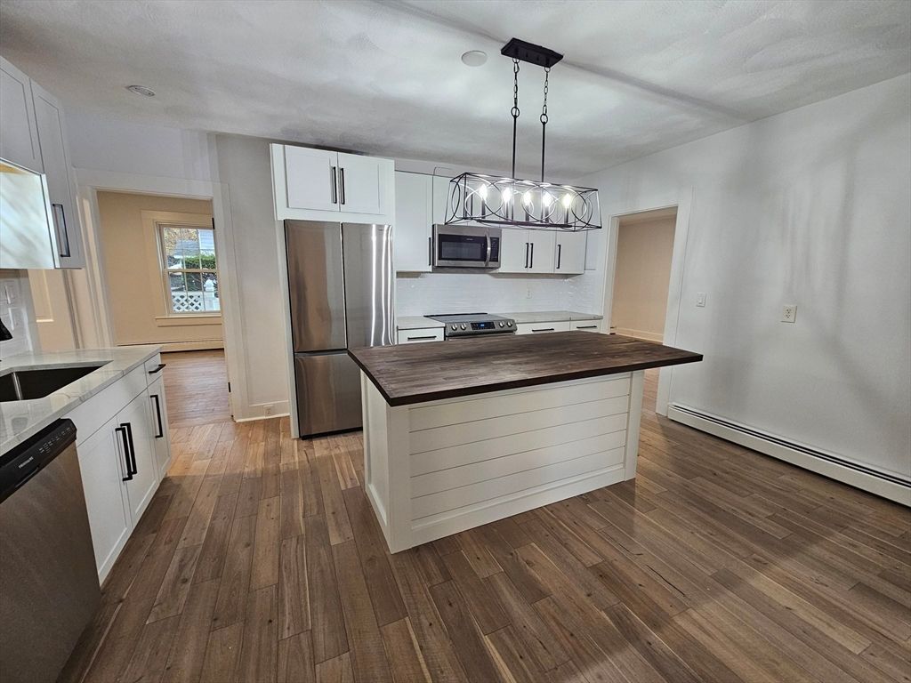 Interior, Kitchen, Pendant Lights, Stainless Steel Appliances, Wood Texture Flooring
