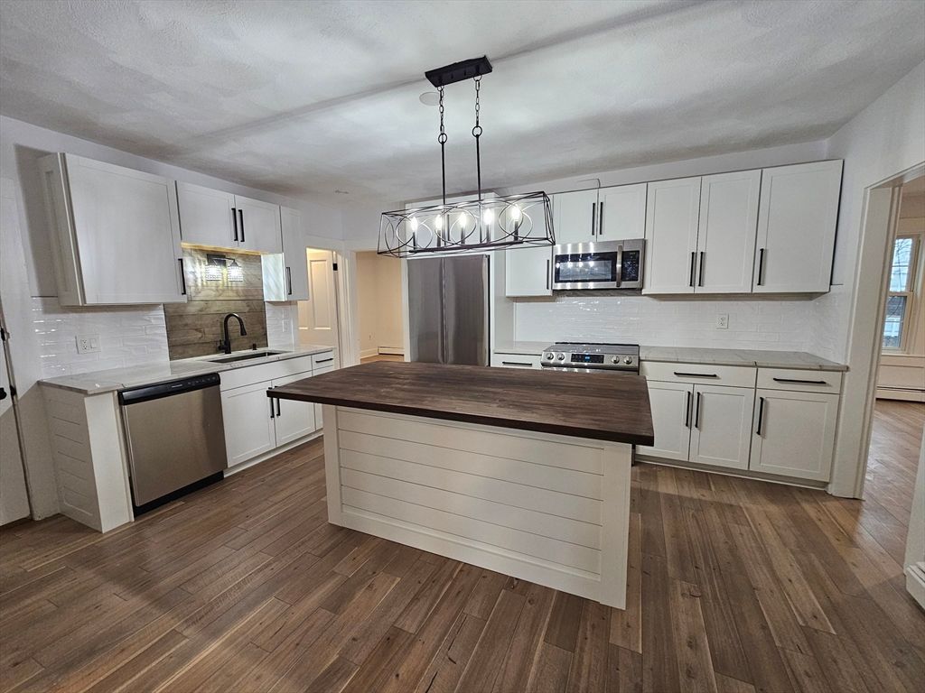 Interior, Kitchen, Pendant Lights, Stainless Steel Appliances, Wood Texture Flooring