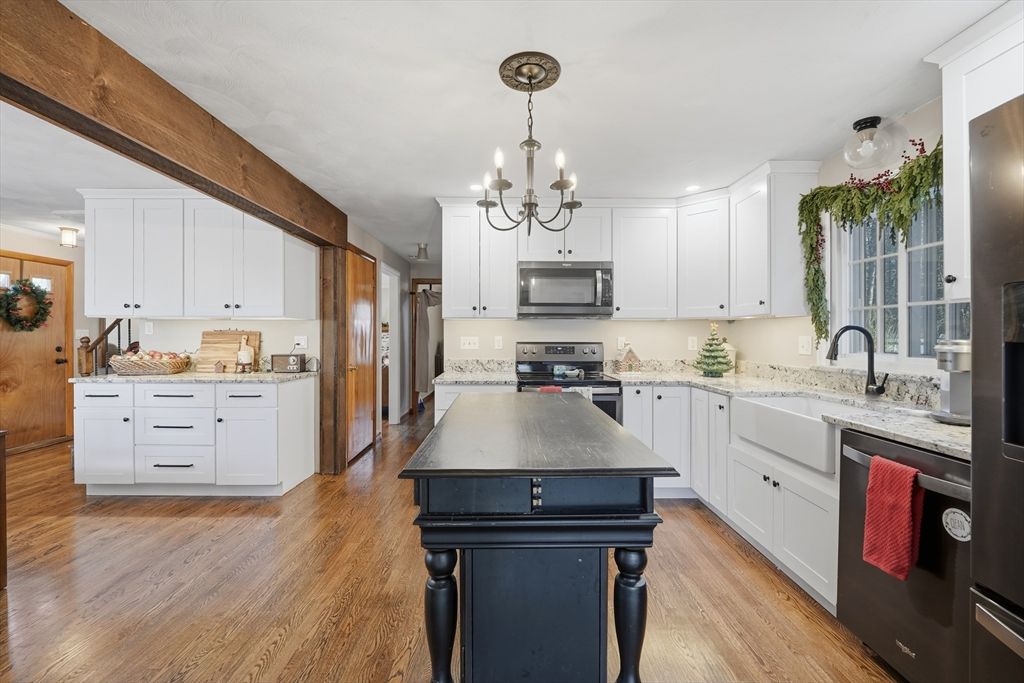 Chandelier, Interior, Kitchen, Recessed Lighting, Stainless Steel Appliances, Wood Texture Flooring