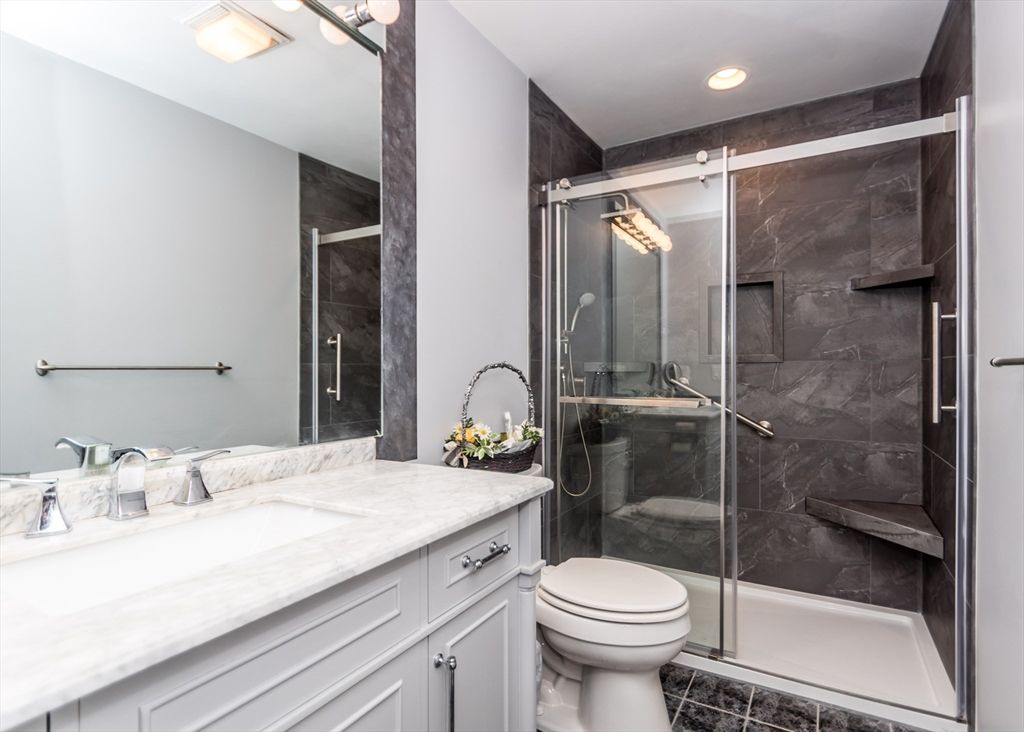 Bathroom, Glass Shower, Interior, Marble Walls, Recessed Lighting