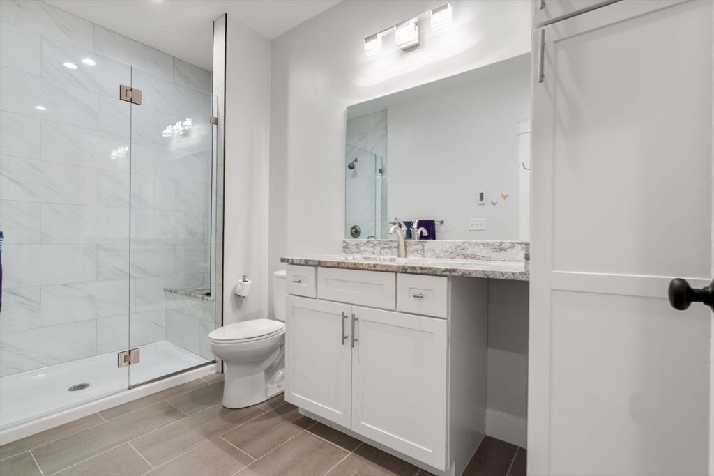 Bathroom, Glass Shower, Interior, Marble Walls, Recessed Lighting