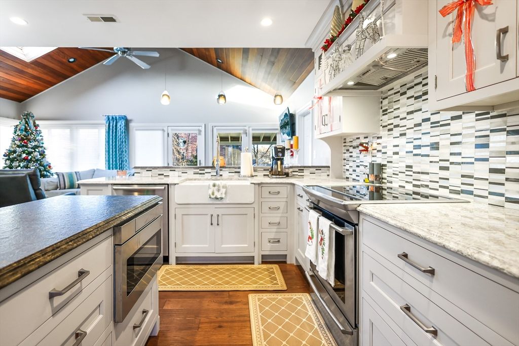 Interior, Kitchen, Pendant Lights, Recessed Lighting, Stainless Steel Appliances, Wooden Ceilings, Wood Texture Flooring