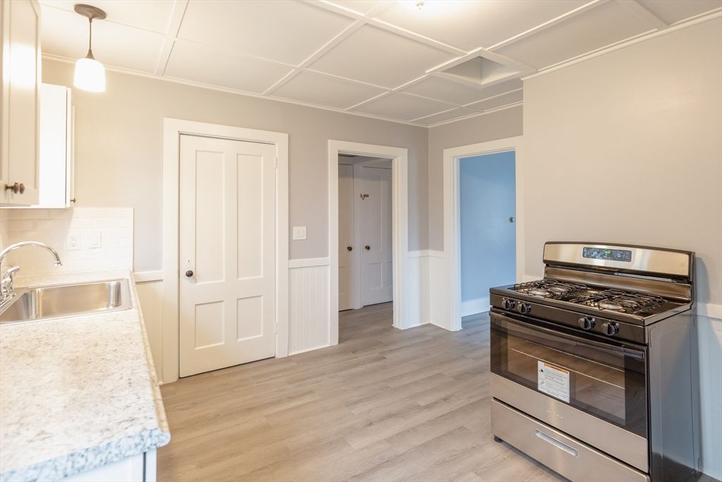 Interior, Kitchen, Pendant Lights, Stainless Steel Appliances, Wood Texture Flooring