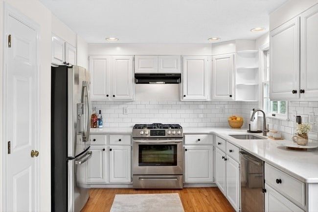 Interior, Kitchen, Recessed Lighting, Stainless Steel Appliances, Wood Texture Flooring