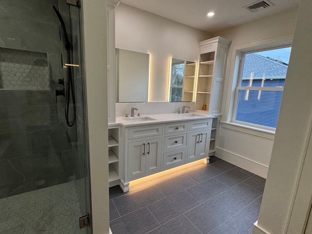 Bathroom, Dual Sink Vanities, Glass Shower, Interior, Recessed Lighting