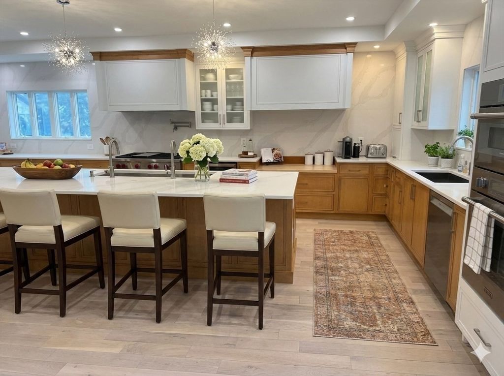 Chandelier, Interior, Kitchen, Pendant Lights, Recessed Lighting, Stainless Steel Appliances, Wood Texture Flooring