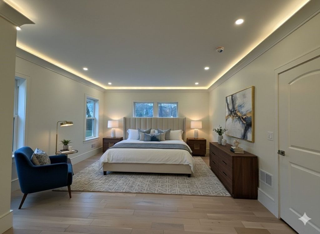 Bedroom, Interior, Recessed Lighting, Wood Texture Flooring