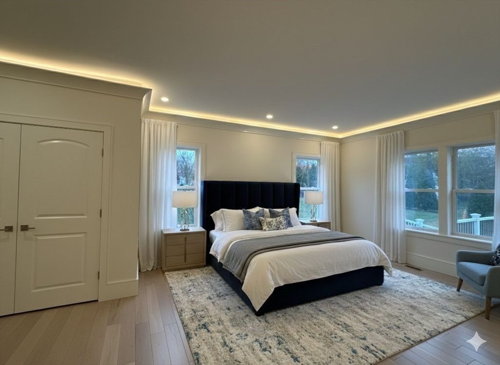 Bedroom, Interior, Recessed Lighting, Wood Texture Flooring