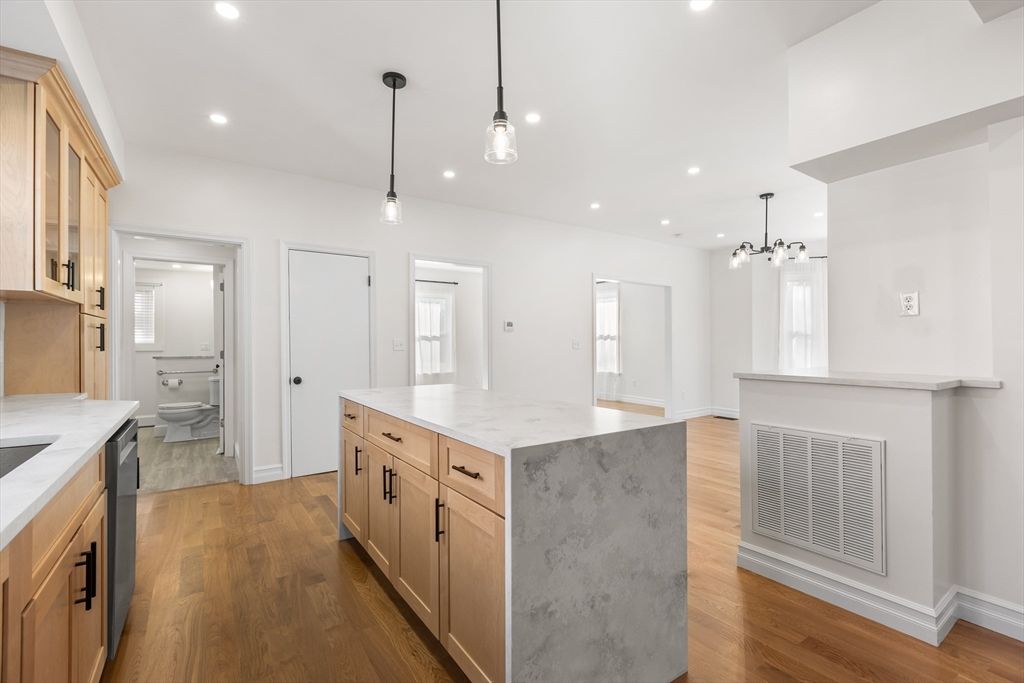 Interior, Kitchen, Pendant Lights, Recessed Lighting, Wood Texture Flooring