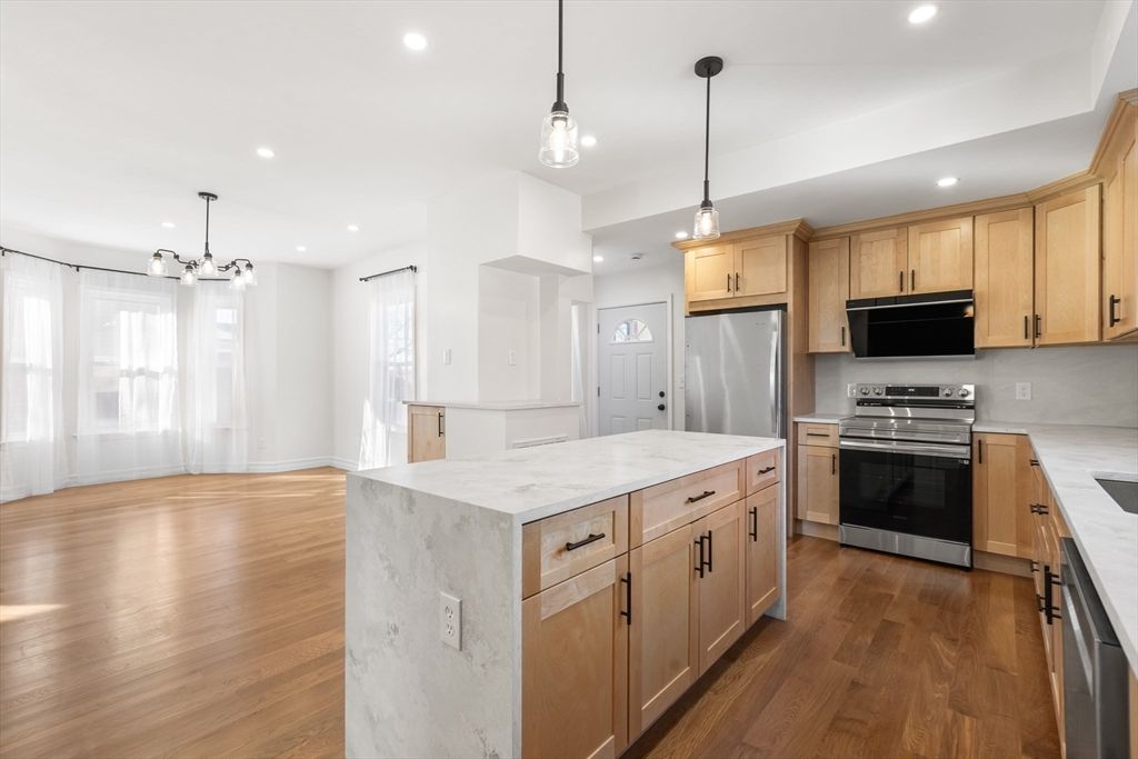 Interior, Kitchen, Pendant Lights, Recessed Lighting, Stainless Steel Appliances, Wood Texture Flooring