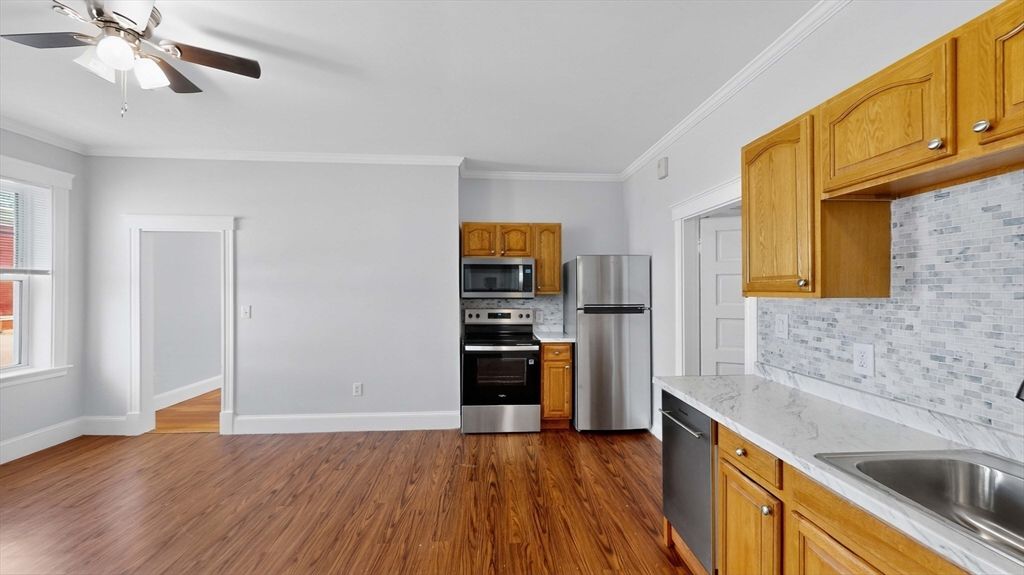 Interior, Kitchen, Stainless Steel Appliances, Wood Texture Flooring