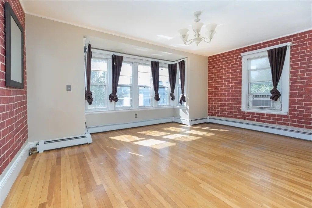Chandelier, Empty room, Interior, Stone Walls, Wood Texture Flooring