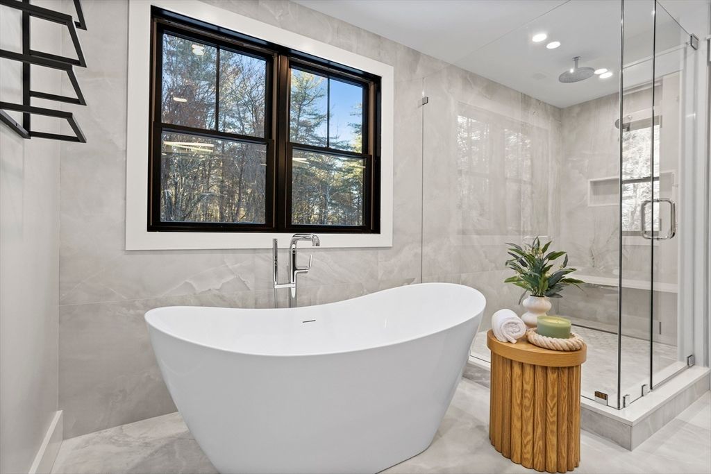 Bathroom, Free Standing Baths, Glass Shower, Interior, Marble, Marble Walls, Recessed Lighting