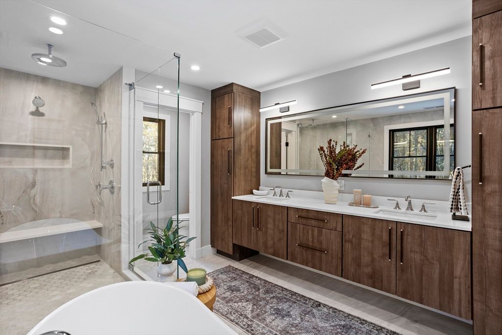 Bathroom, Dual Sink Vanities, Glass Shower, Interior, Marble Walls, Recessed Lighting