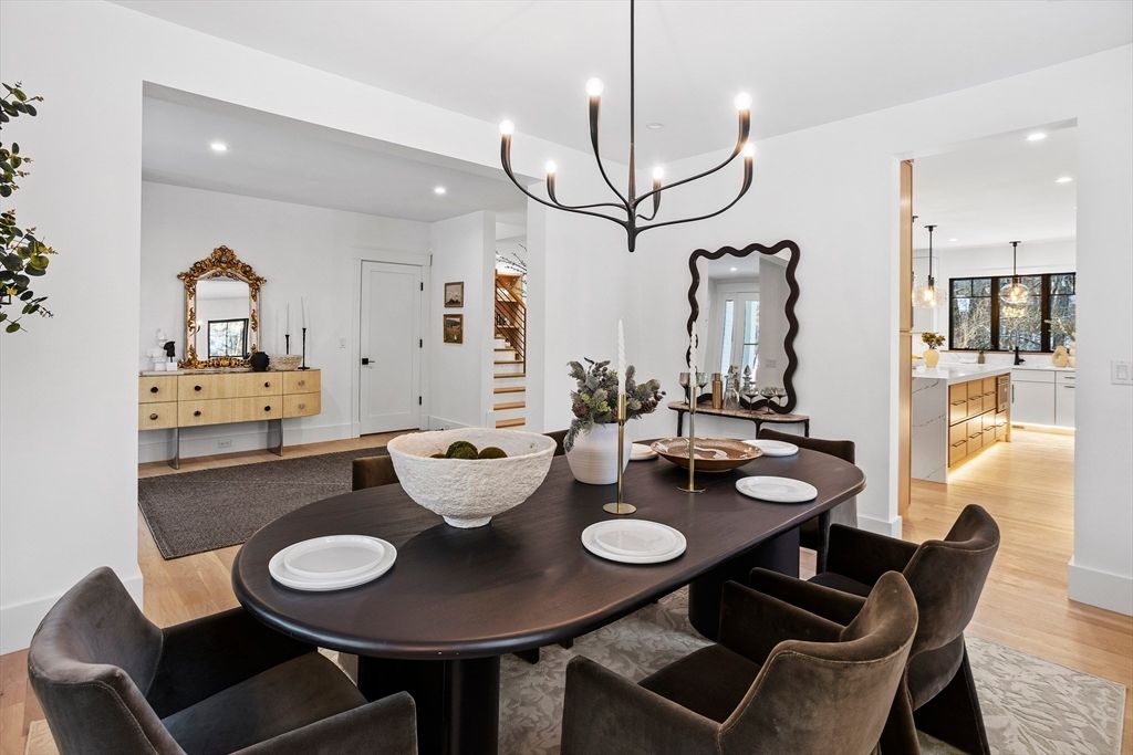 Chandelier, Dining room, Interior, Pendant Lights, Recessed Lighting, Wood Texture Flooring